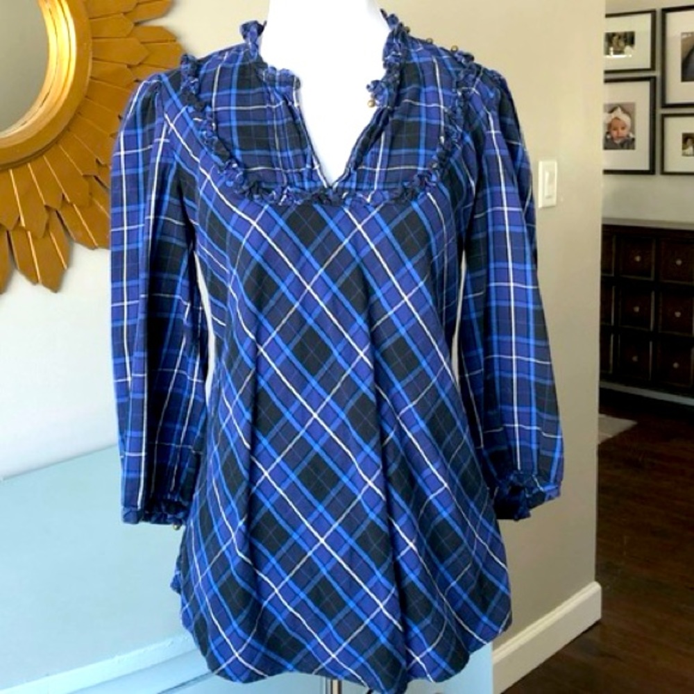 Banana Republic NWOT Tartan Plaid Ruffled Cotton Wool Blouse Pullover Top Large